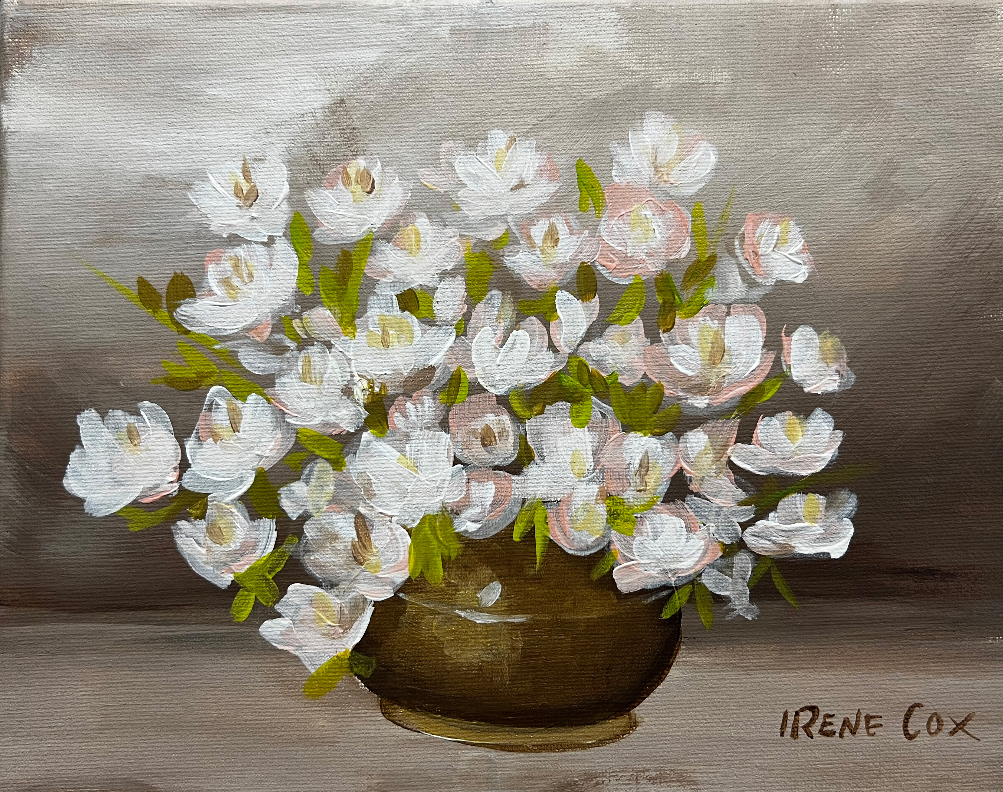 Irene Cox painting of flowers on a beige background 16